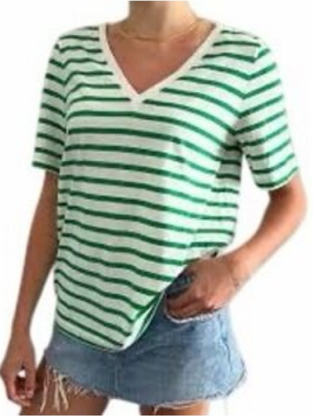 COS Green and White Striped V-Neck Short Sleeve Top